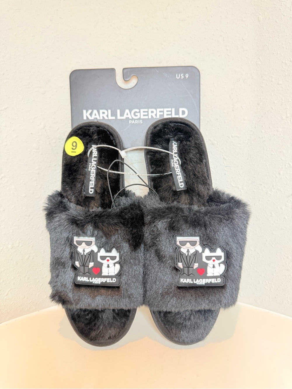 Karl Lagerfeld Paris Jessmine Faux Fur Black Patches Women’s Slippers Sz 9 NWT